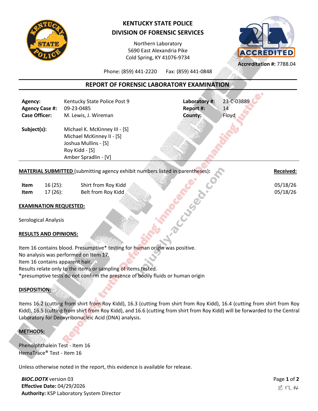 Kentucky State Police forensic lab report #14, dated June 4, 2026, listing a shirt and belt received May 18, 2026, with presumptive serology results