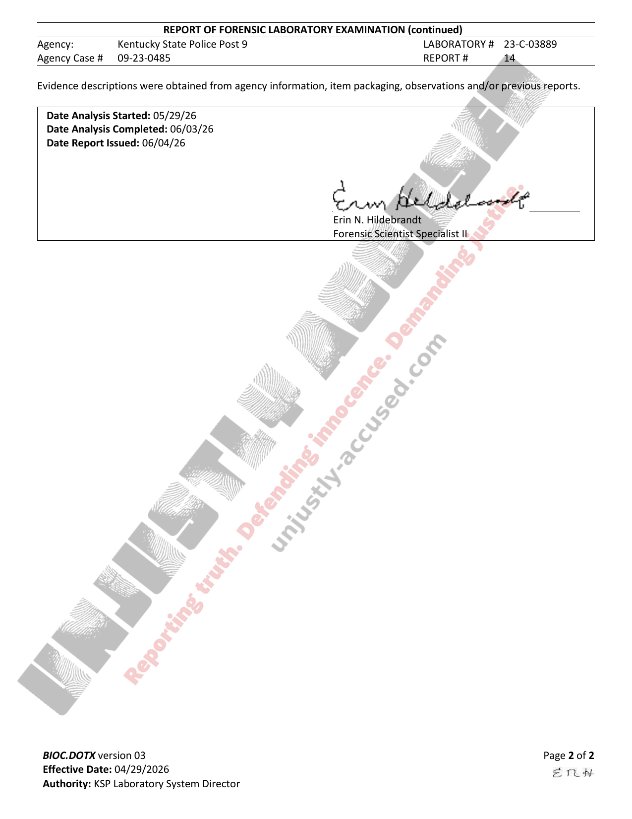 Page 2 of Kentucky State Police lab report #14, showing analysis dates of May 29 to June 3, 2026, and a report date of June 4, 2026