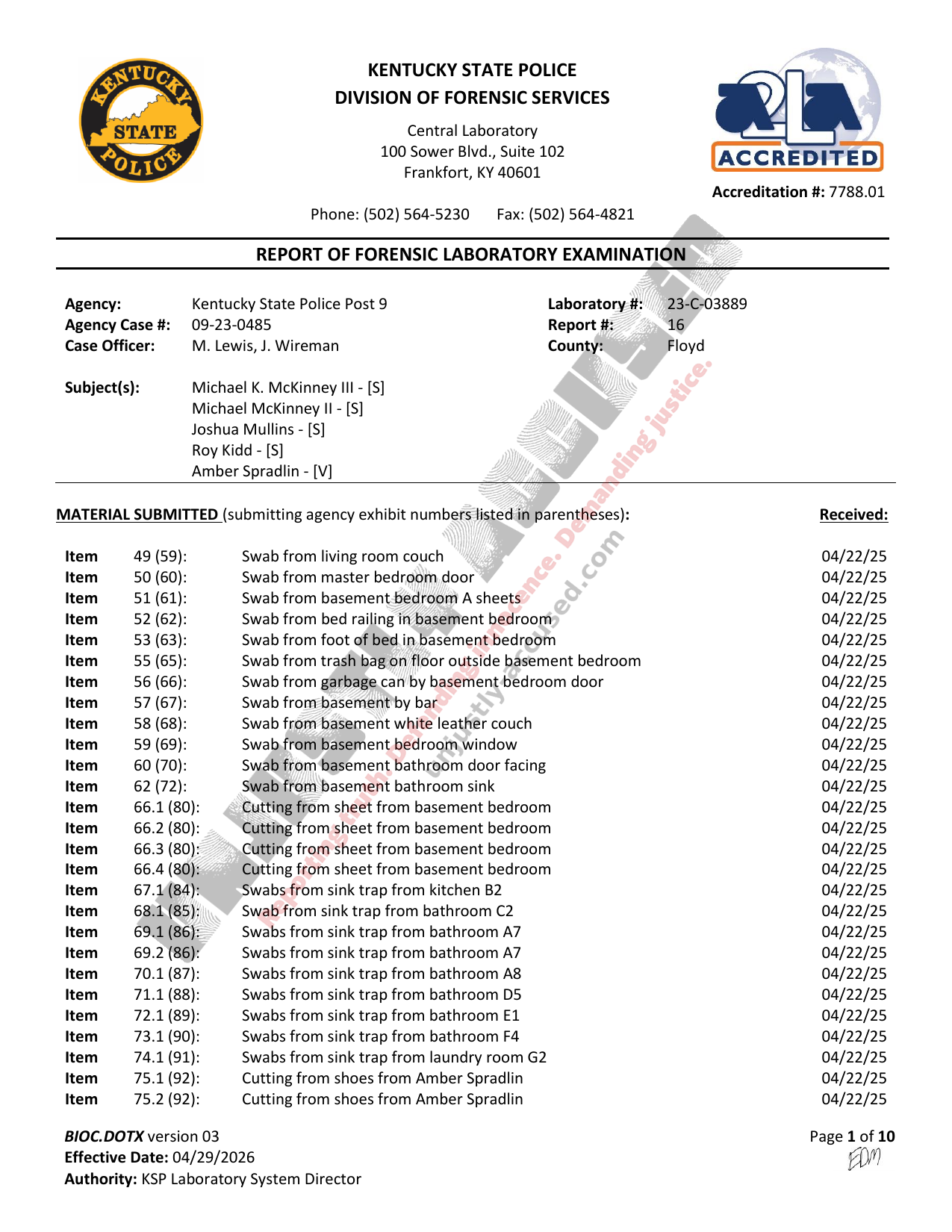 Page 1 of 10 of Kentucky State Police Central Laboratory Report #16 (Lab # 23-C-03889) in the Amber Spradlin case, watermarked by Unjustly Accused