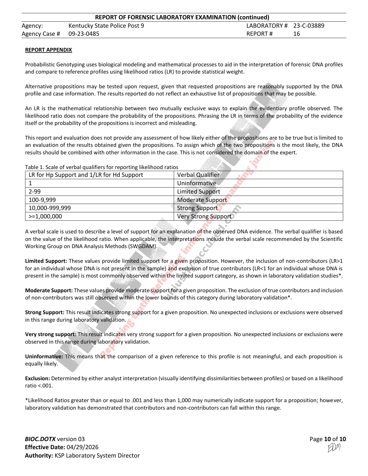 Page 10 of 10 of Kentucky State Police Central Laboratory Report #16 (Lab # 23-C-03889) in the Amber Spradlin case, watermarked by Unjustly Accused