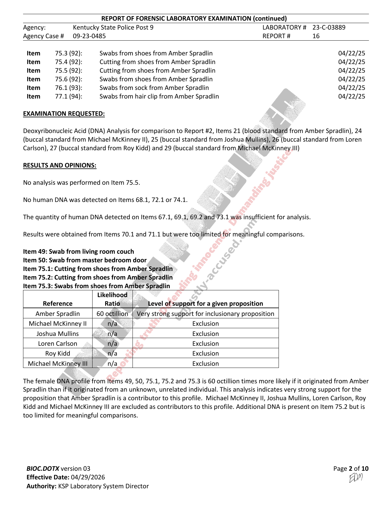 Page 2 of 10 of Kentucky State Police Central Laboratory Report #16 (Lab # 23-C-03889) in the Amber Spradlin case, watermarked by Unjustly Accused