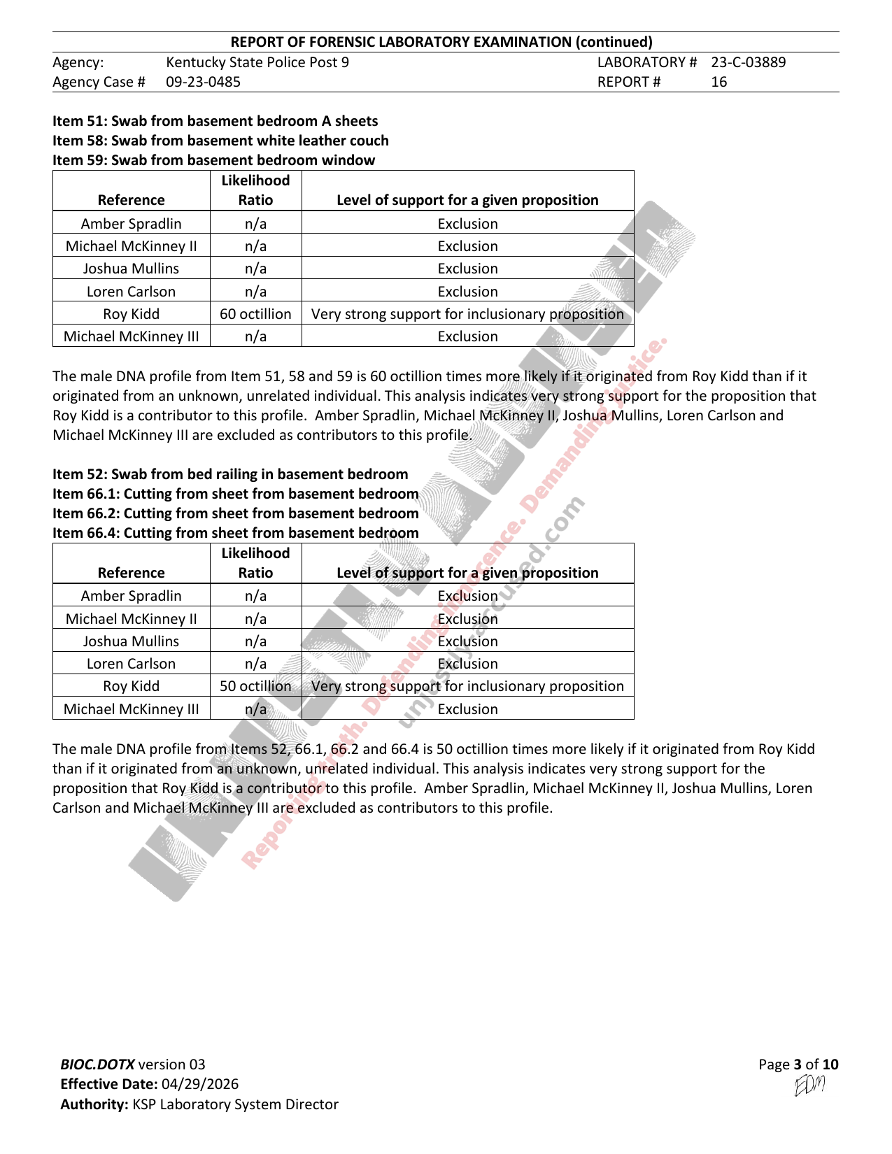Page 3 of 10 of Kentucky State Police Central Laboratory Report #16 (Lab # 23-C-03889) in the Amber Spradlin case, watermarked by Unjustly Accused
