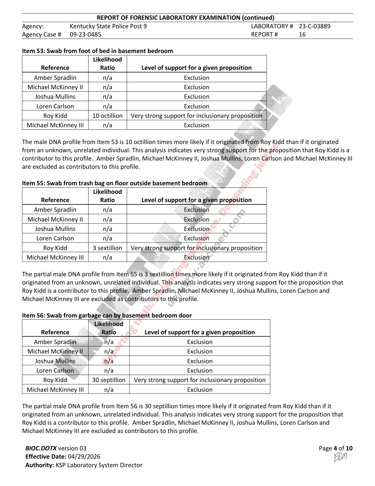 Page 4 of 10 of Kentucky State Police Central Laboratory Report #16 (Lab # 23-C-03889) in the Amber Spradlin case, watermarked by Unjustly Accused