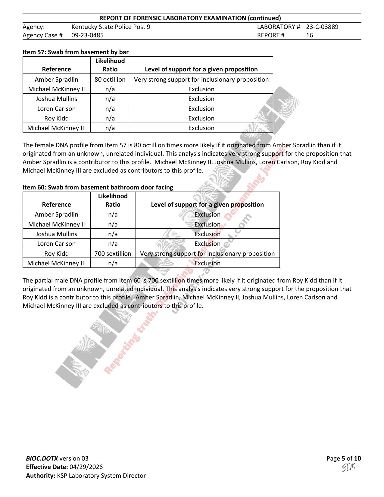 Page 5 of 10 of Kentucky State Police Central Laboratory Report #16 (Lab # 23-C-03889) in the Amber Spradlin case, watermarked by Unjustly Accused
