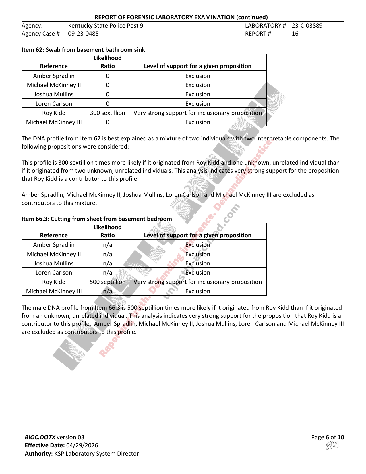 Page 6 of 10 of Kentucky State Police Central Laboratory Report #16 (Lab # 23-C-03889) in the Amber Spradlin case, watermarked by Unjustly Accused