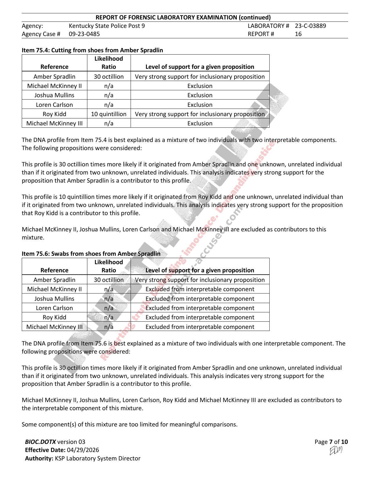 Page 7 of 10 of Kentucky State Police Central Laboratory Report #16 (Lab # 23-C-03889) in the Amber Spradlin case, watermarked by Unjustly Accused