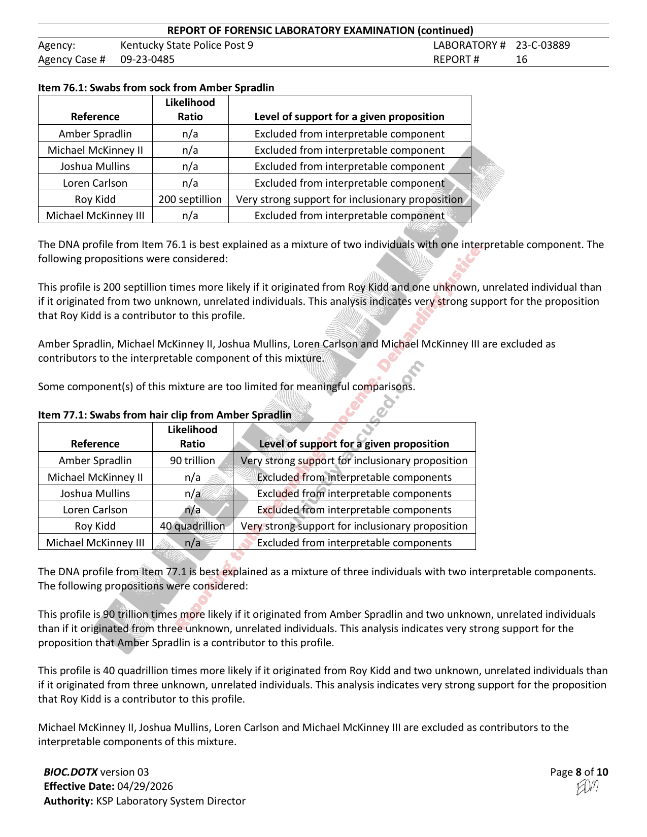 Page 8 of 10 of Kentucky State Police Central Laboratory Report #16 (Lab # 23-C-03889) in the Amber Spradlin case, watermarked by Unjustly Accused