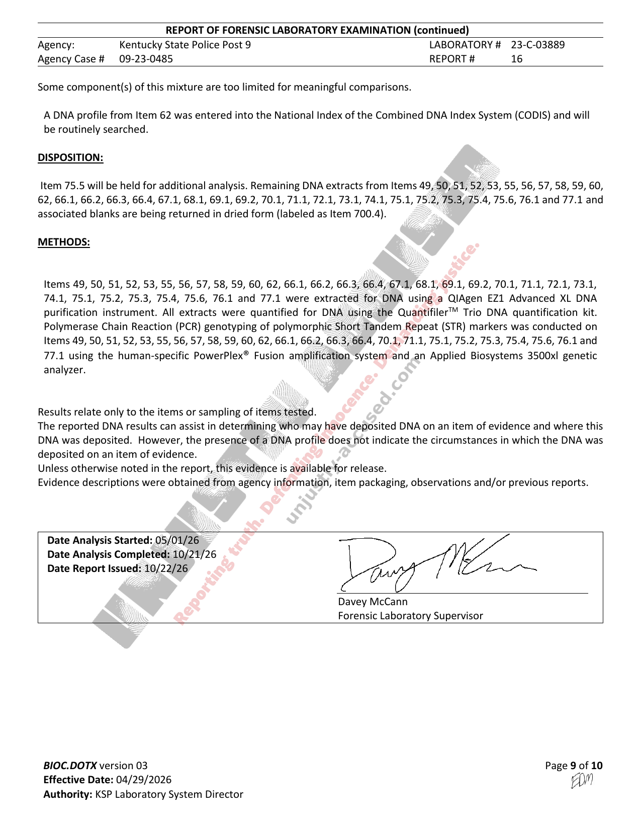 Page 9 of 10 of Kentucky State Police Central Laboratory Report #16 (Lab # 23-C-03889) in the Amber Spradlin case, watermarked by Unjustly Accused